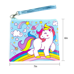 Unicorn Drawstring Backpack with Wristlet 2 Piece Set Travel Gym Cheer (Blue)