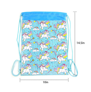 Unicorn Drawstring Backpack with Wristlet 2 Piece Set Travel Gym Cheer (Blue)