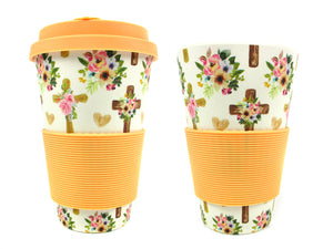 Eco-Friendly Reusable Plant Fiber 14 oz Travel Mug with Religious Floral Crosses Design
