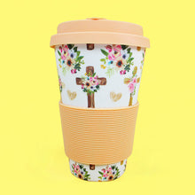 Load image into Gallery viewer, Eco-Friendly Reusable Plant Fiber 14 oz Travel Mug with Religious Floral Crosses Design