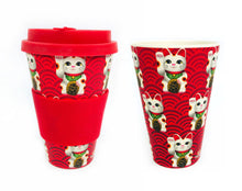 Load image into Gallery viewer, Eco-Friendly Reusable Plant Fiber Travel Mug with Maneki Neko Lucky Cat Design