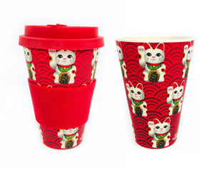 Eco-Friendly Reusable Plant Fiber Travel Mug with Maneki Neko Lucky Cat Design