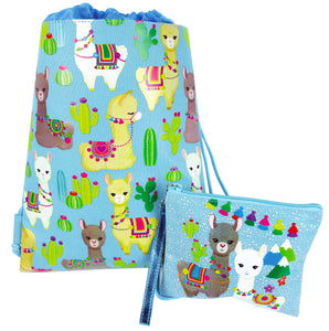 Llamas Drawstring Backpack with Wristlet 2 Piece Set Travel Gym Cheer (Blue)