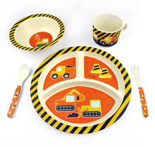 Load image into Gallery viewer, TINYMILLS 5-Piece Eco-Friendly Plant Fiber Dinnerware Set with Construction Trucks Design