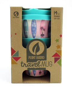 Eco-Friendly Reusable Plant Fiber Travel Mug with Sunset Surfboard Design