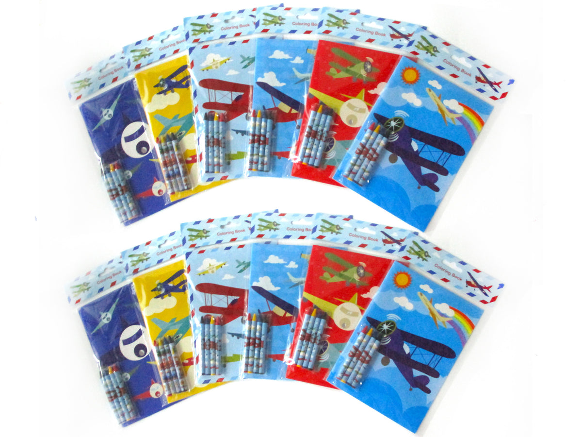 Airplane Coloring Books with Crayons Party Favors Set of 6 or 12