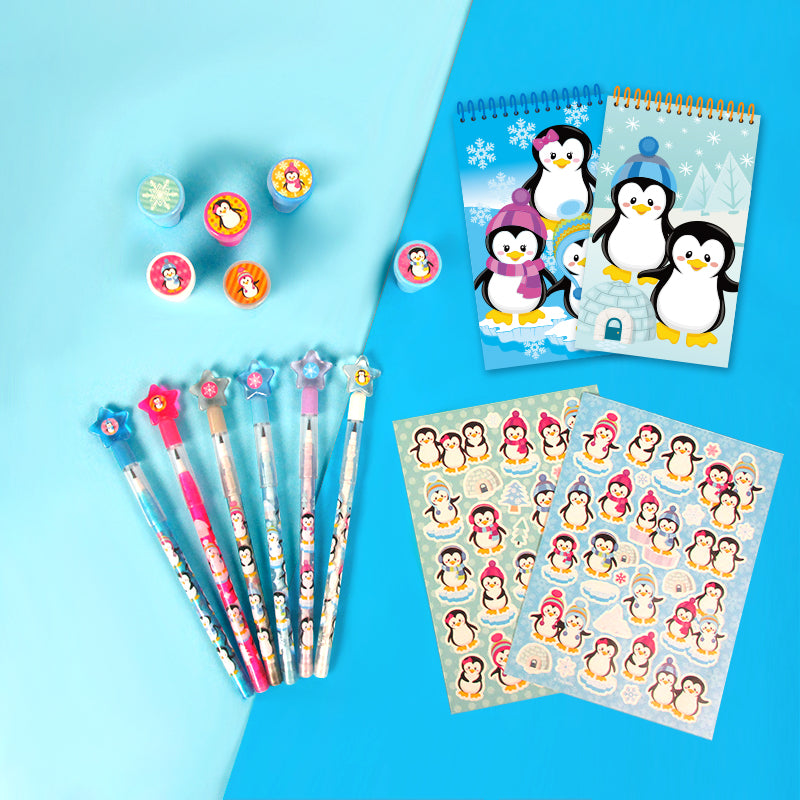 TINYMILLS Penguins Birthday Party Favor Set (12 multi-point pencils, 12  stampers, 12 sticker sheets, 12 small spiral notepads)