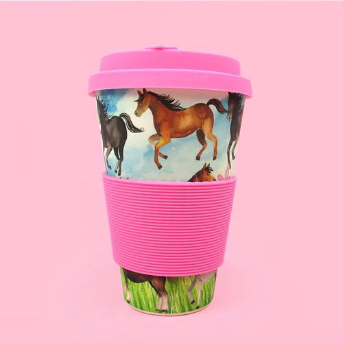 Eco-Friendly Reusable Plant Fiber 14 oz Travel Mug with Horse and Pony Design