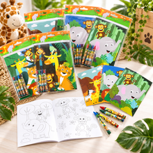 Load image into Gallery viewer, Zoo Jungle Safari Animal Coloring Books with Crayons – 6 Pc or 12 Pc Set