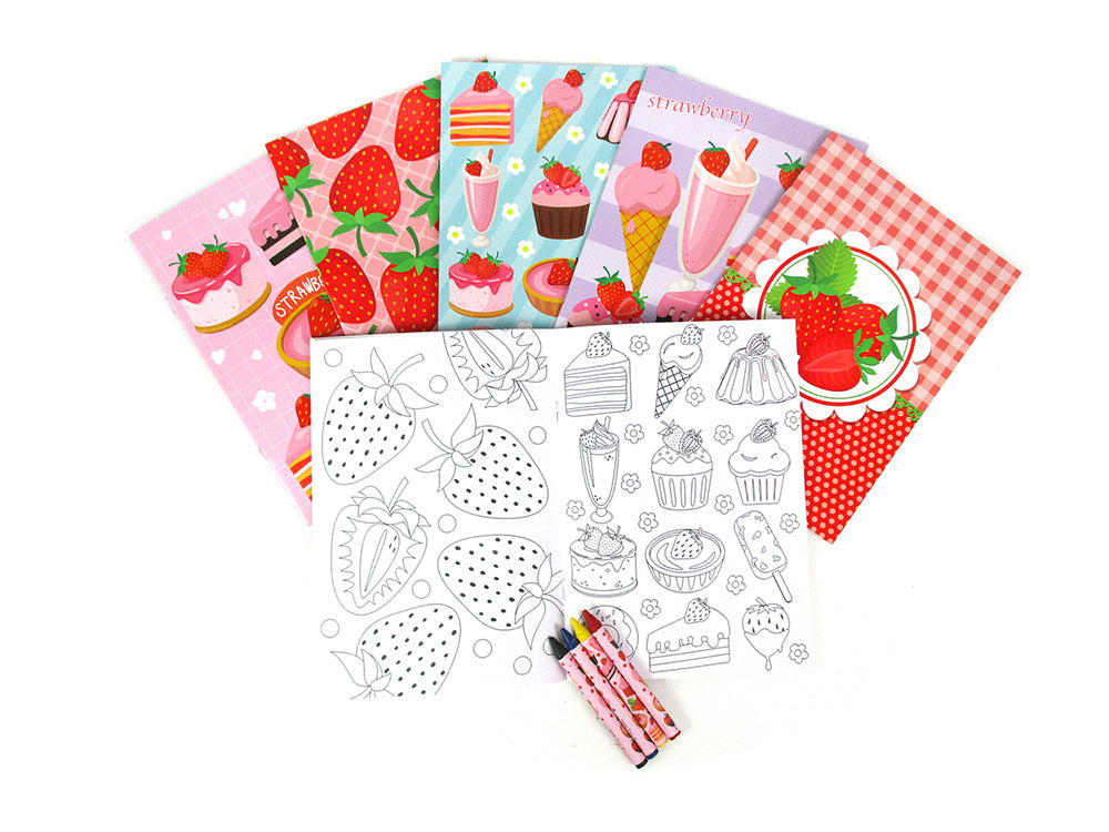 TINYMILLS Strawberry Coloring Book Set with 12 Coloring Books and 48 Crayons for Kids, Party Favors, Summer