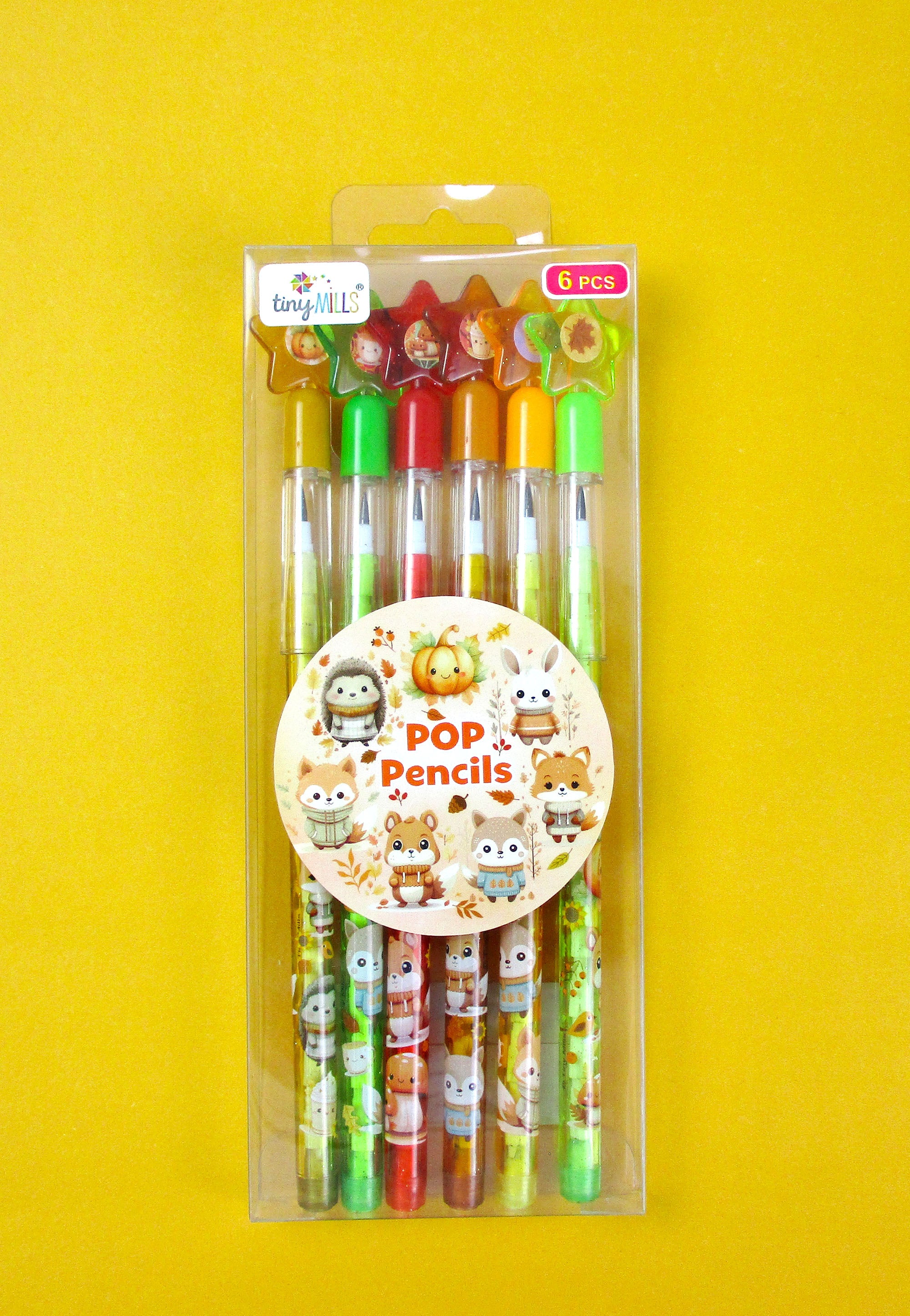 TINYMILLS Autumn Woodland Animals Stackable Pencils - 24 Pack With Pre-Sharpened Leads & Star Erasers