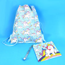 Load image into Gallery viewer, Unicorn Drawstring Backpack with Wristlet 2 Piece Set Travel Gym Cheer (Blue)