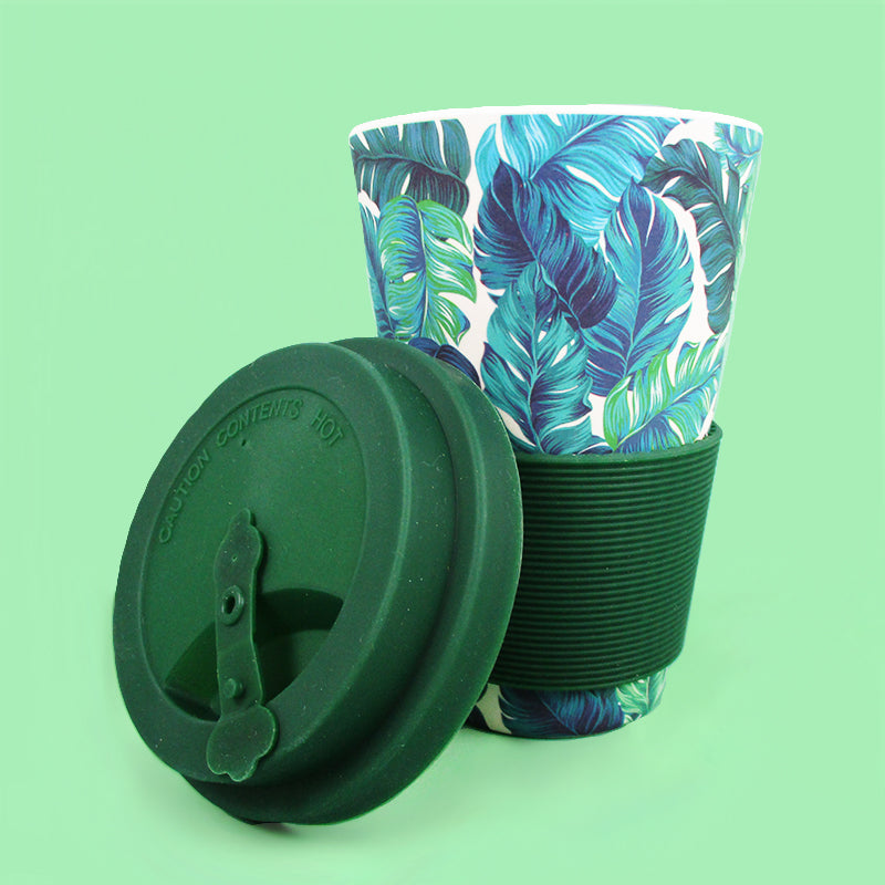 Eco-Friendly Reusable Plant Fiber Travel Mug with Tropical Palm Leaves Design
