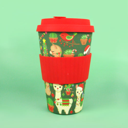 Eco-Friendly Reusable Plant Fiber Holiday Travel Mug with Christmas Llama Alpaca Design
