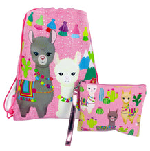 Load image into Gallery viewer, Llamas Drawstring Backpack with Wristlet 2 Piece Set Travel Gym Cheer (Pink)