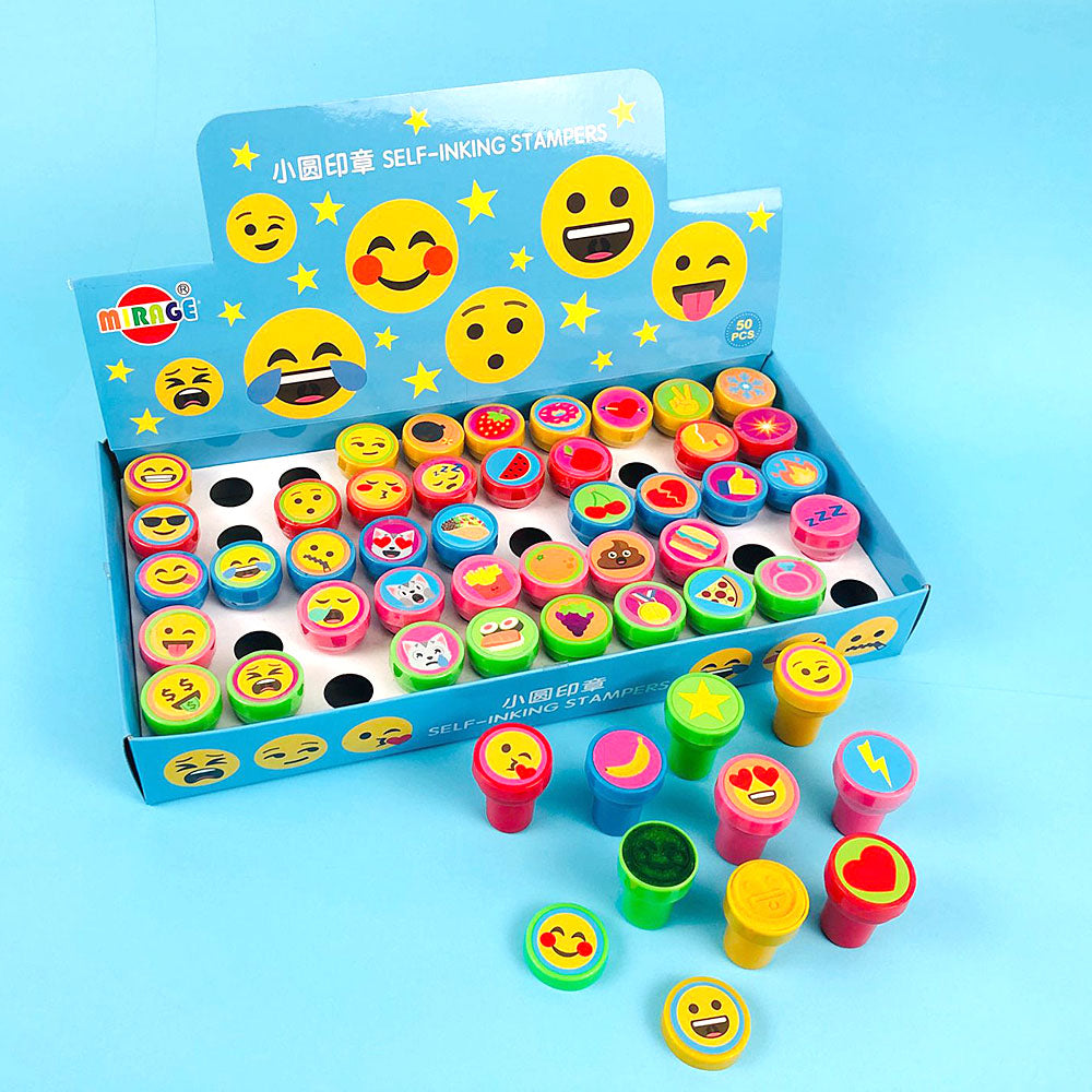 Fun Central 50 Pieces - Emoji Stampers in Bulk Party Favors for Kids -  Assorted Self Inking Stamps