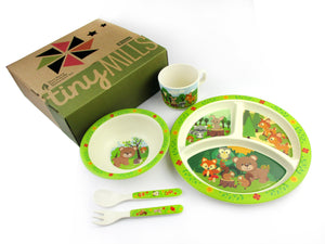 TINYMILLS 5-Piece Eco-Friendly Plant Fiber Dinnerware Set with Woodland Animal Design
