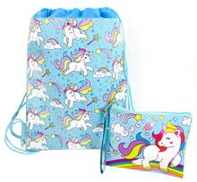 Load image into Gallery viewer, Unicorn Drawstring Backpack with Wristlet 2 Piece Set Travel Gym Cheer (Blue)
