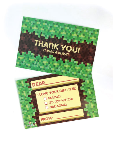 Pixels Mine Crafter Fill-in Birthday Thank You Cards for Kids