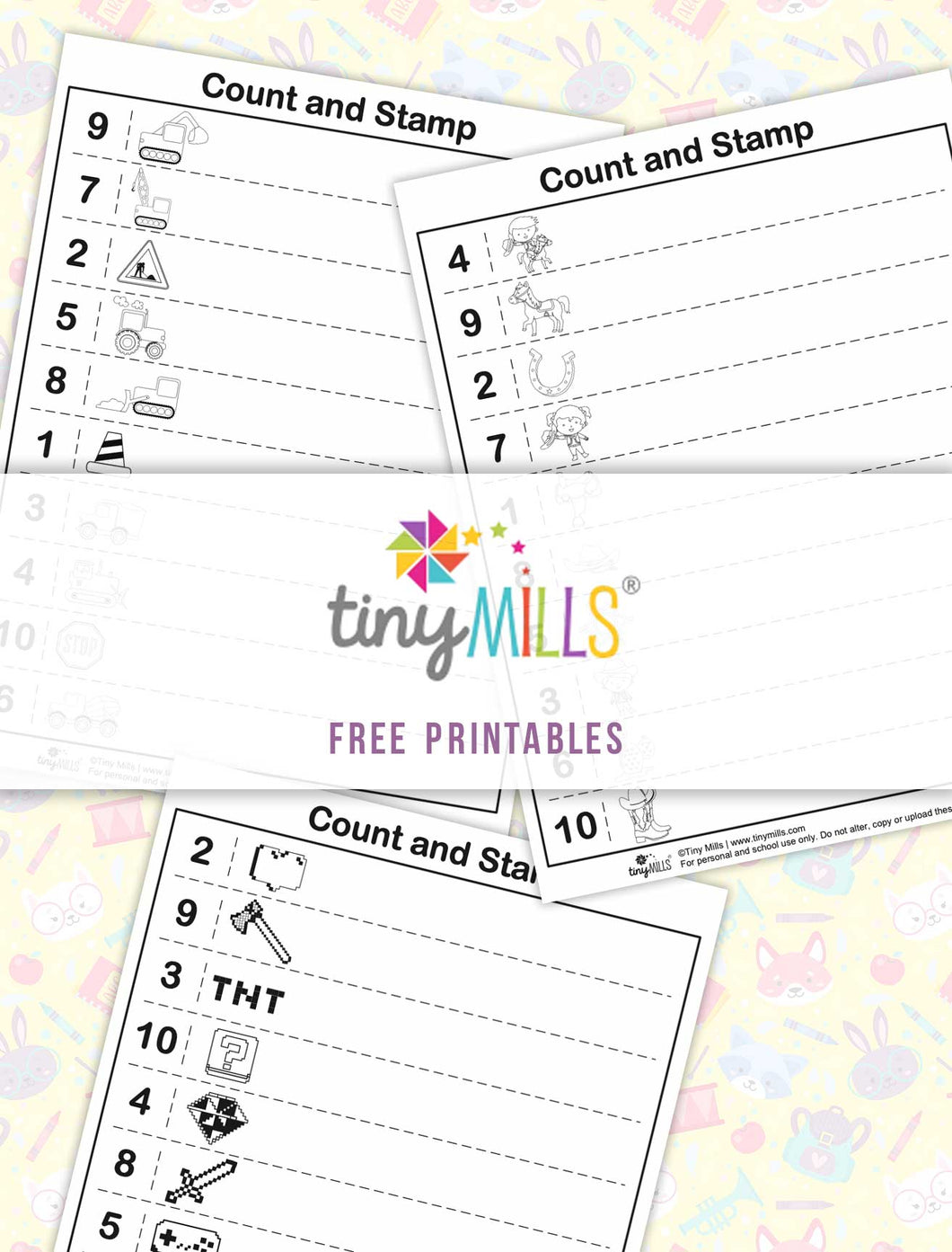 Free Printable Count & Stamp Math Worksheets for Boys - 3 Designs