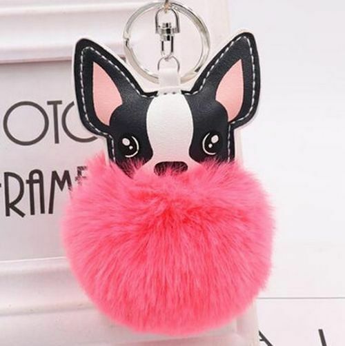 French Bulldog Pom Pom Keychain - Hot Pink